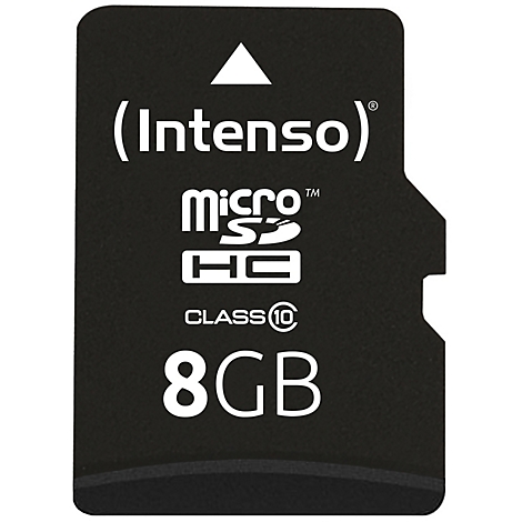 Schwarze microSDHC-Speicherkarte mit weißem Text. Oben steht (Intenso), darunter micro SD HC, Class 10, 8GB. Oben ein weißer Pfeil.