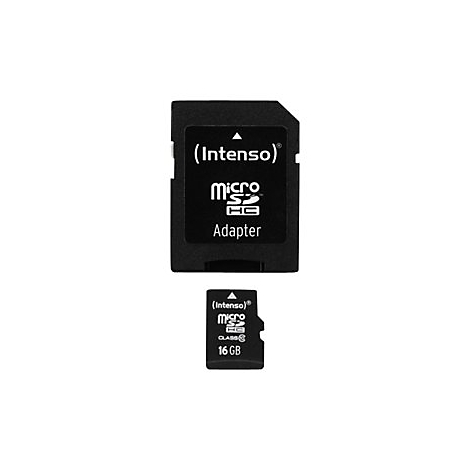 Schwarzer SD-Karten-Adapter mit eingelegter Micro-SD-Karte. Beide sind mit „Intenso“ und Spezifikationen beschriftet.