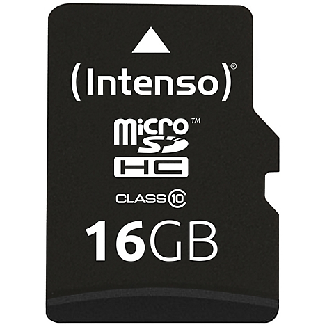 Schwarze microSD-Karte mit weißem Text. Oben steht (Intenso). Darunter: Micro SD HC. Am unteren Rand: CLASS 10 und 16 GB.