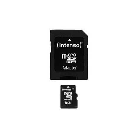 Ein schwarzer MicroSD-Kartenadapter und eine MicroSD-Karte. Aufschrift: Intenso, Micro SD, 8GB.