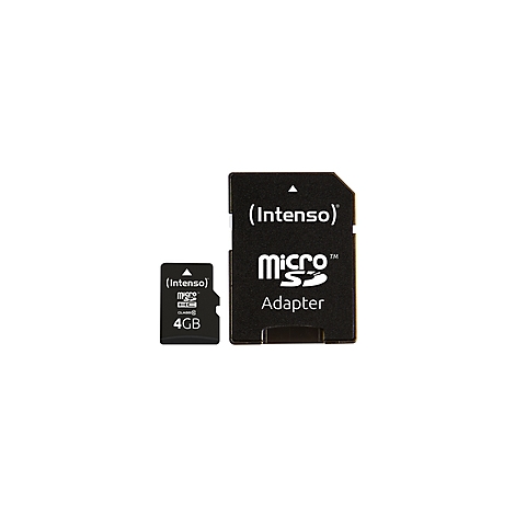 Schwarze Micro-SD-Karte und Adapter von Intenso. Auf der Karte steht "4GB".