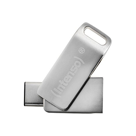 Silberner USB-Stick von Intenso, nah, mit Schlaufe.