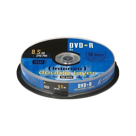 BoÃ®tier DVD+R rond avec Ã©tiquetage bleu et noir. Inscription : Intenso Double Layer, 8,5 Go, 10 disques.