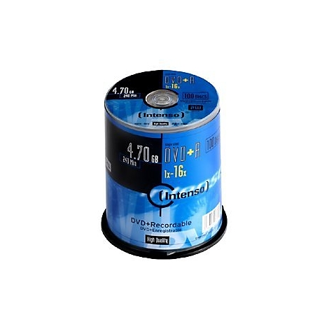 Stapel blauer DVD+R Discs, mit Aufdrucken wie 4.70 GB und Intenso. Schwarzer Sockel.