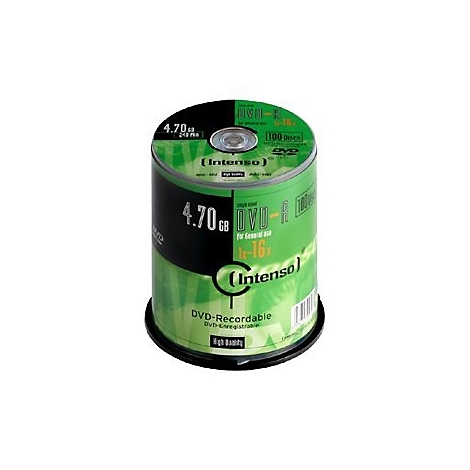 Pile de DVD-R verts avec base noire, marque Intenso. Infos imprimées : 4,70 Go, DVD-R.
