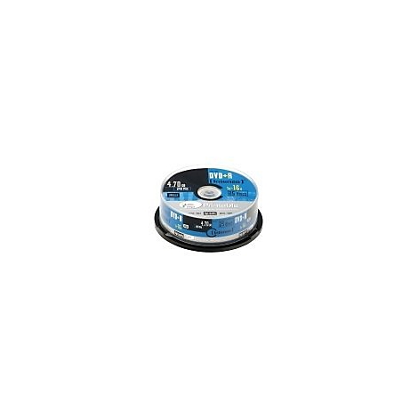 Pile de disques DVD+R dans un Ã©tui transparent, avec des Ã©tiquettes bleues et noires. Le texte est lisible.