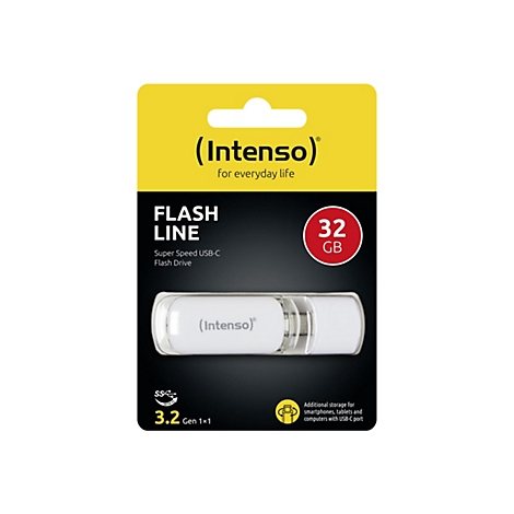 ClÃ© USB-C blanche sur emballage avec les mots 'Intenso' et '32 Go'.