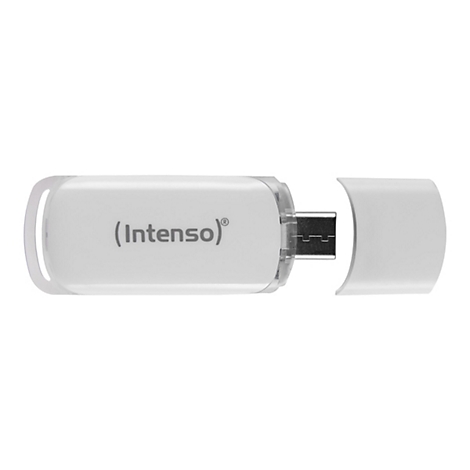 Weißer USB-Stick mit abgenommener Kappe. Auf dem Stick steht in Grau (Intenso)®.