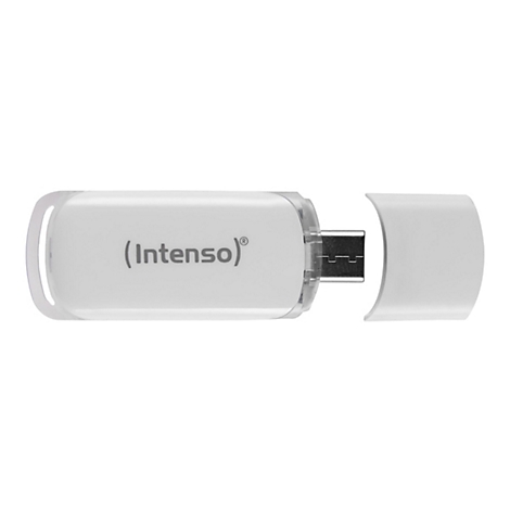 Weißer USB-Stick mit abgenommener Kappe. Auf dem Stick steht ' (Intenso)'.