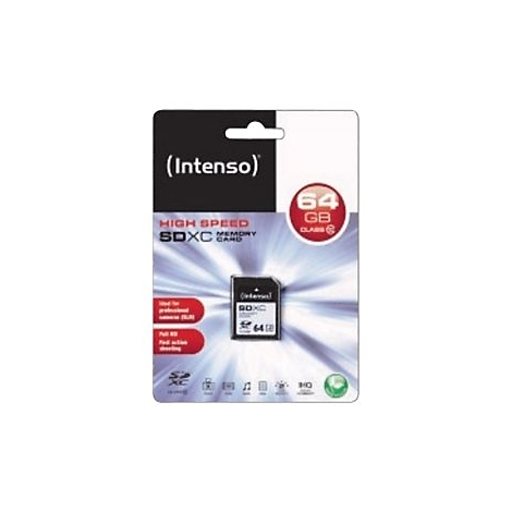 Eine SDXC-Speicherkarte, verpackt. Aufgedruckt sind "Intenso", "64GB", "High Speed SDXC Memory Card". Die Karte selbst ist sichtbar.