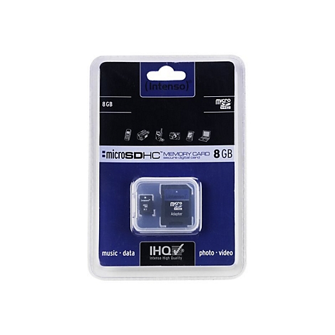 Intenso 8 GB microSDHC Speicherkarte in Originalverpackung auf weißem Hintergrund.