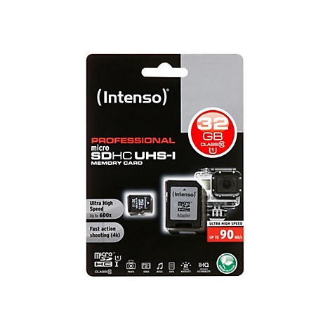 Eine Speicherkarte von Intenso, 32 GB, SDHC UHS-I, mit Adapter, in der Verpackung, vor weißem Hintergrund.