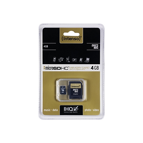 Intenso microSDHC Speicherkarte, 4 GB, verpackt. Die Karte ist in einer transparenten Plastikverpackung mit schwarzem Hintergrund eingeschlossen.
