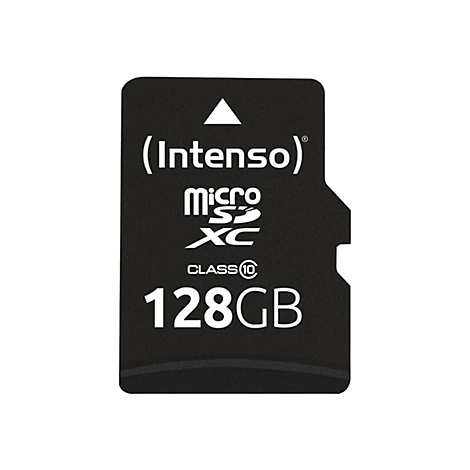 Schwarze microSD-Karte mit weißem Aufdruck. Aufschrift: (Intenso) micro SDXC CLASS 10 128GB.