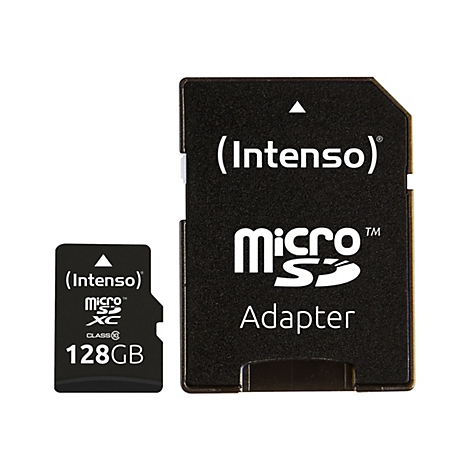 Zwei schwarze Speicherkarten auf weißem Hintergrund: Eine MicroSD-Karte und ein SD-Karten-Adapter. Beide tragen den Schriftzug "Intenso" und andere Details.