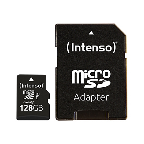 Ein schwarzer SD-Karten-Adapter und eine Micro-SD-Karte. Beide zeigen den Schriftzug "Intenso" und Logos. Die Micro-SD-Karte zeigt die Kapazität von 128 GB.