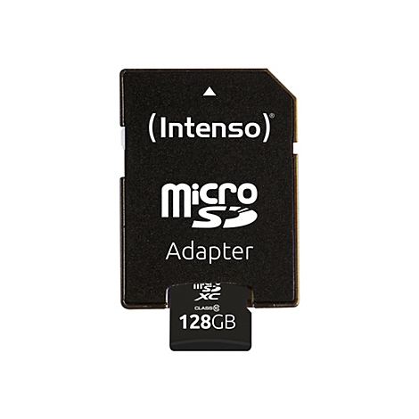 Schwarzer Intenso Micro SD Adapter mit weißem Schriftzug, 128GB.