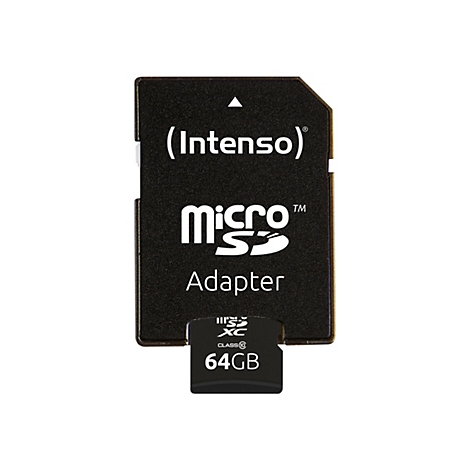 Eine schwarze Intenso Micro SD Karte, mit weißen Schriftzügen, Adapter, 64GB.