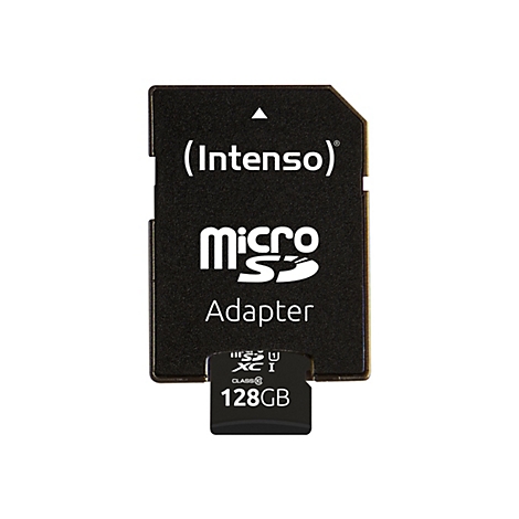 Schwarzer MicroSD-Adapter mit weißem Schriftzug, Aufschrift: (Intenso) micro SD Adapter 128GB.