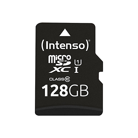 Schwarze microSDXC Speicherkarte, weißer Schriftzug: (Intenso), Micro SD, XC I, Class 10, 128GB.