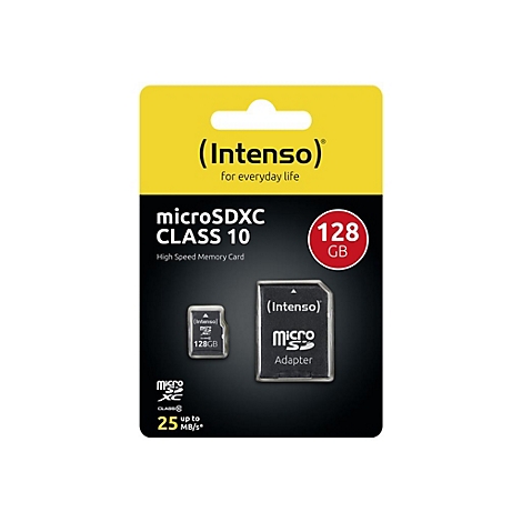Verpackung einer microSDXC-Speicherkarte von Intenso. Die Karte und ein Adapter sind abgebildet, mit Text Ã¼ber KapazitÃ¤t und Geschwindigkeit.