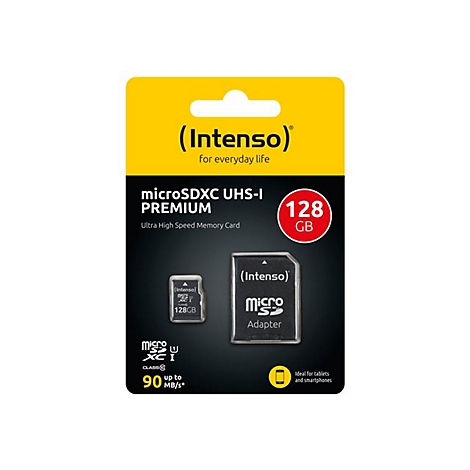 Eine microSDXC UHS-I Speicherkarte von Intenso, 128 GB, mit Adapter, vor gelbem Hintergrund.