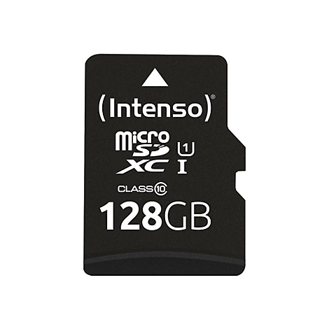 Schwarze Micro-SD-Karte mit weiÃŸer Schrift. Aufschrift: Intenso, Micro SDXC I, 128GB.