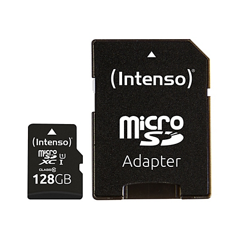 Intenso Micro-SD-Karte mit 128 GB Speicher und passendem Adapter vor weißem Hintergrund.