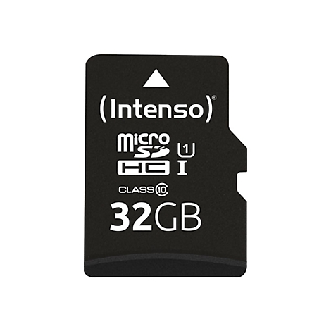 Schwarze Micro-SD-Karte von Intenso mit 32GB SpeicherkapazitÃ¤t. Beschriftet mit Logos und Text.