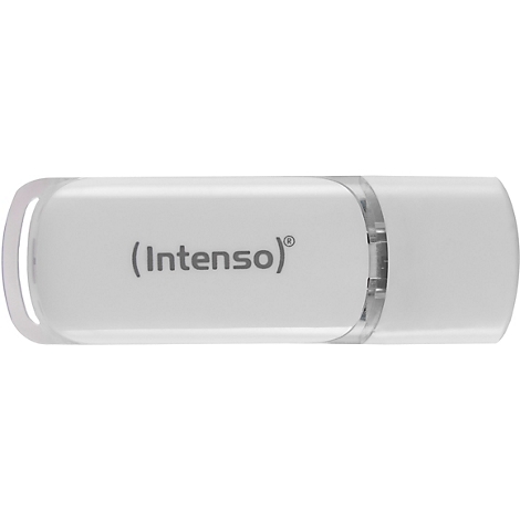 Weißer USB-Stick mit abgerundeten Kanten. Auf der Oberseite steht in grau '(Intenso)®'.