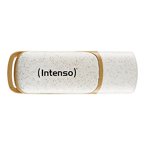 Ein weiß-brauner USB-Stick von Intenso, auf weißem Grund. Auf dem Stick steht in schwarzer Schrift "(Intenso)".