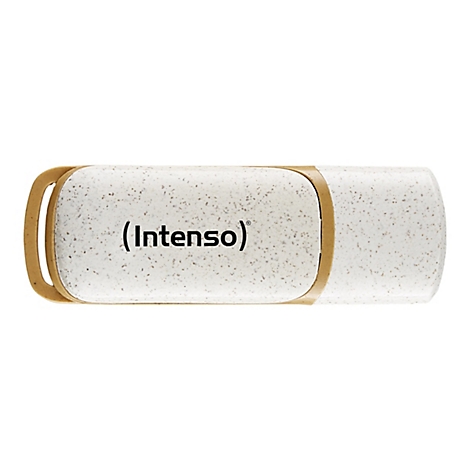Ein weißer USB-Stick mit braunen Akzenten und dem Logo "(Intenso)".