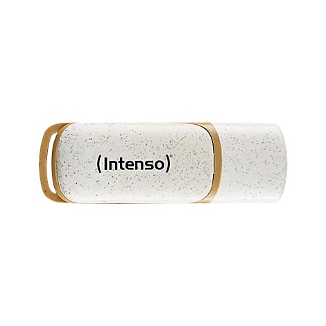 Ein weißer USB-Stick mit braunen Akzenten. Der Schriftzug "(Intenso)" ist aufgedruckt.