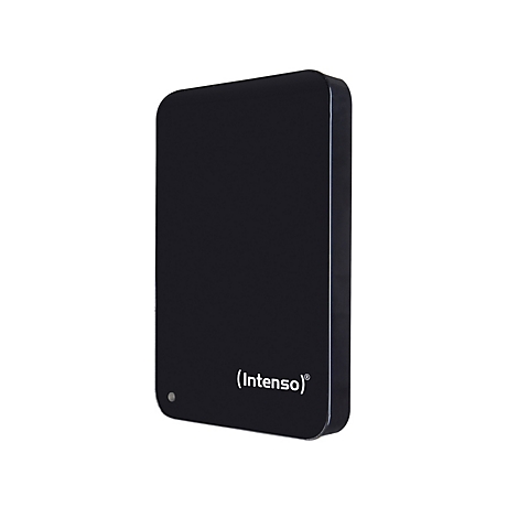 Un disque dur externe noir et rectangulaire avec le nom de marque 'Intenso' en lettres blanches.