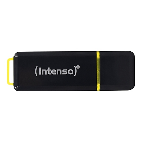 Schwarzer Intenso USB-Stick mit gelber Öse und gelbem Zierstreifen vor weißem Hintergrund.