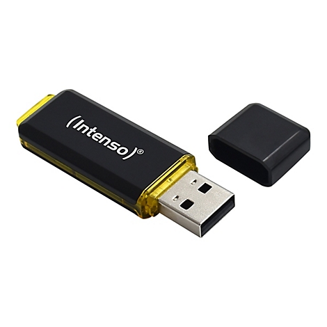 Schwarzer USB-Stick von Intenso mit gelben Akzenten und abgenommener Schutzkappe.