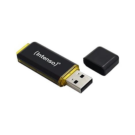 Schwarzer Intenso USB-Stick mit gelbem Gehäuserand und abgenommener Schutzkappe.