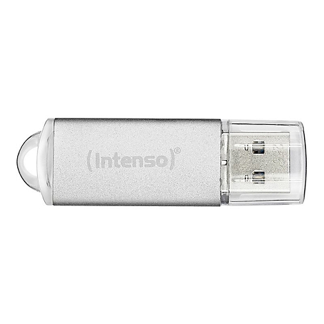 Silberfarbener Intenso USB-Stick mit durchsichtiger Schutzkappe vor weißem Hintergrund.