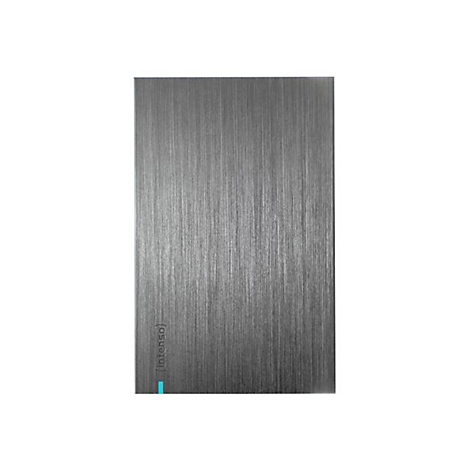 Graue, rechteckige externe Festplatte mit gebürsteter Metalloberfläche. Am unteren Rand ist der Schriftzug "(Intenso)" sichtbar.