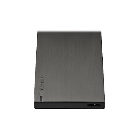 Dunkelgraue externe Festplatte mit gebürsteter Oberfläche. Der Schriftzug (Intenso) ist deutlich zu erkennen.