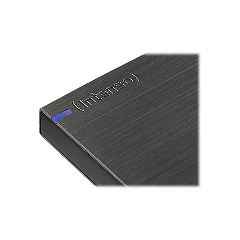 Nahaufnahme einer externen Festplatte mit Intenso-Logo und blauem Licht.