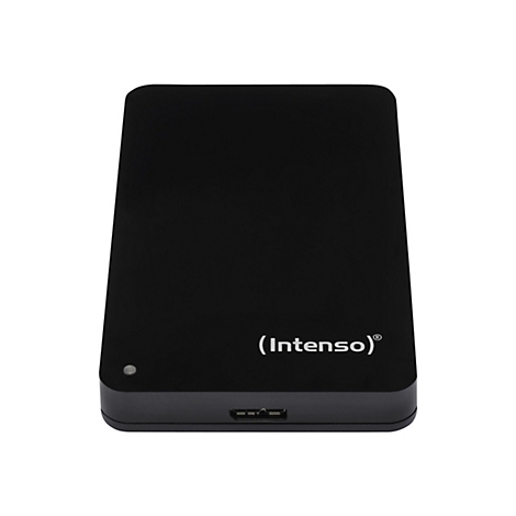 Disque dur externe noir avec logo "(Intenso)®", LED et port USB.