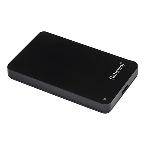 Un disque dur externe noir et rectangulaire avec l'inscription "(Intenso)".