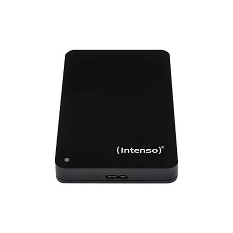 Schwarze externe Festplatte, Marke Intenso. Kleiner Punkt und Anschlussbuchse unten.