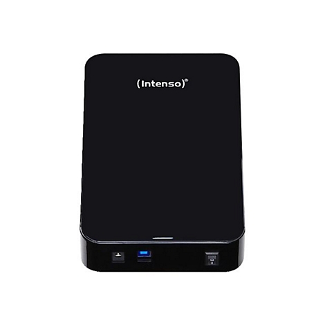 Schwarze externe Festplatte von Intenso, oben abgerundet. Unten befinden sich ein Knopf und LED-Licht.