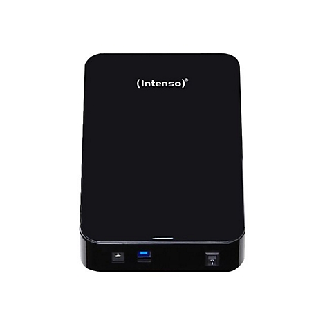 Schwarze externe Festplatte von Intenso, oben abgerundet. Auf der Vorderseite: Ein- und Ausschalter und blaue LED.