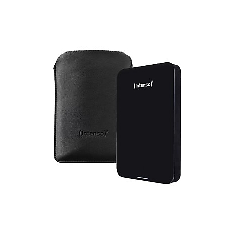 Schwarze externe Festplatte neben einer schwarzen Ledertasche, beide mit dem Logo (Intenso).