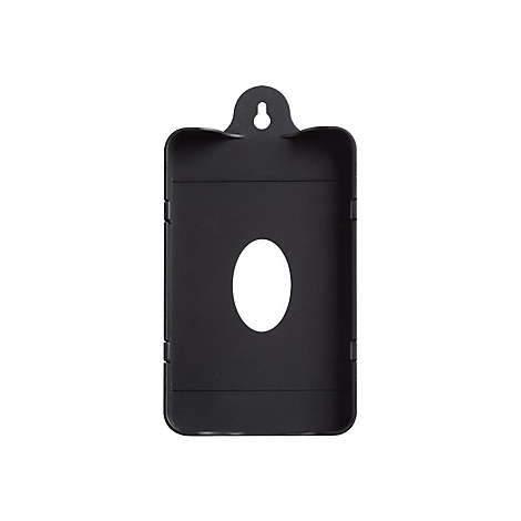 Schwarze, rechteckige Halterung mit ovalem Loch in der Mitte. Oben eine Aufhängung.