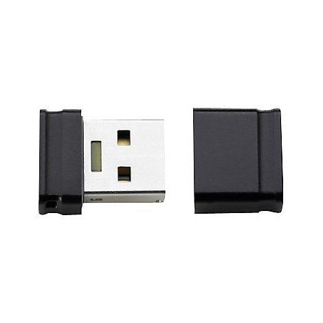 Schwarzer USB-Stick mit silbernem Stecker. Die Schutzkappe liegt daneben.