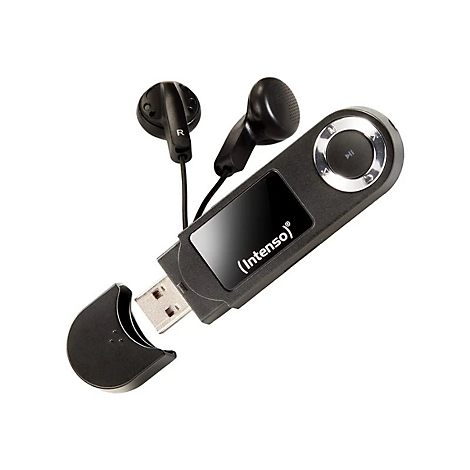 Schwarzer Intenso MP3-Player mit USB-Stecker, Display und angeschlossenen In-Ear-Kopfhörern vor weißem Hintergrund.